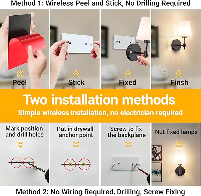 Vimhou Peel and Stick Wall Sconces, Stick On Wall Sconce Set of 2, Battery