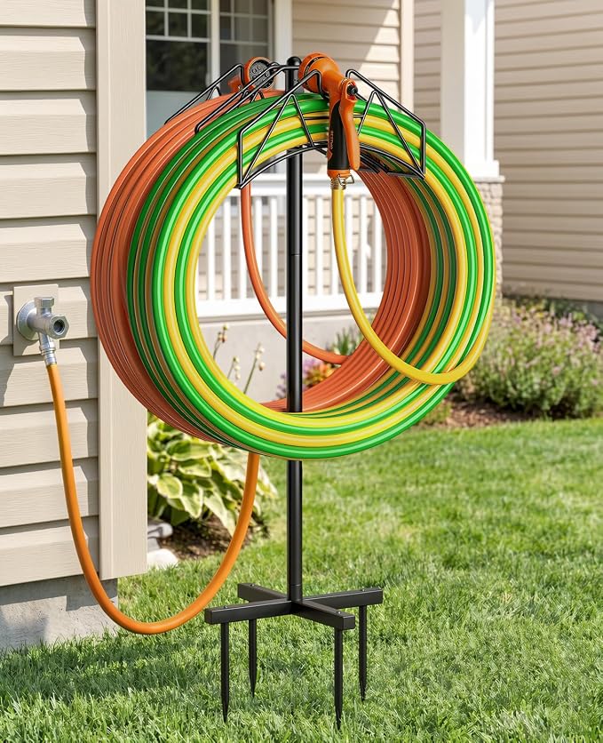 Garden Hose Holder, Double-Sided Water Hose Holder Stand Holds 2Ã160ft, Heavy Duty Freestanding Hose Storage Rack Hanging with Spikes, Metal Hanger for Outside Garden Yard Lawn Farm Gardening Tools