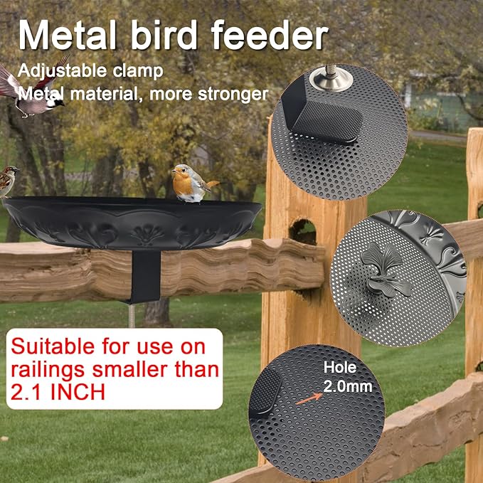 Deck Railing Bird Feeder Tray,Metal 11" Platform Bird Feeders Mesh Seed Tray for Outside/Balcony (Black-1pack)