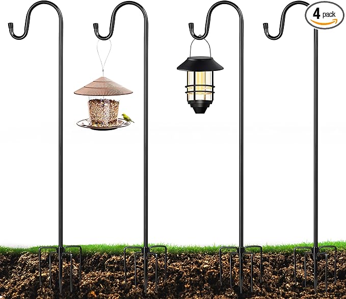 XDW-GIFTS Bird Feeder Pole for Outdoor, 4-Pack 45 Inch Shepherds Hooks Heavy Duty Garden Pole for Hanging Plant Basket, Solar Light Lanterns, Garden Plant Hanger Stands with 5 Base Prongs
