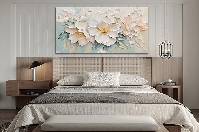 Anolyfi White Textured Flowers Large Canvas Wall Art