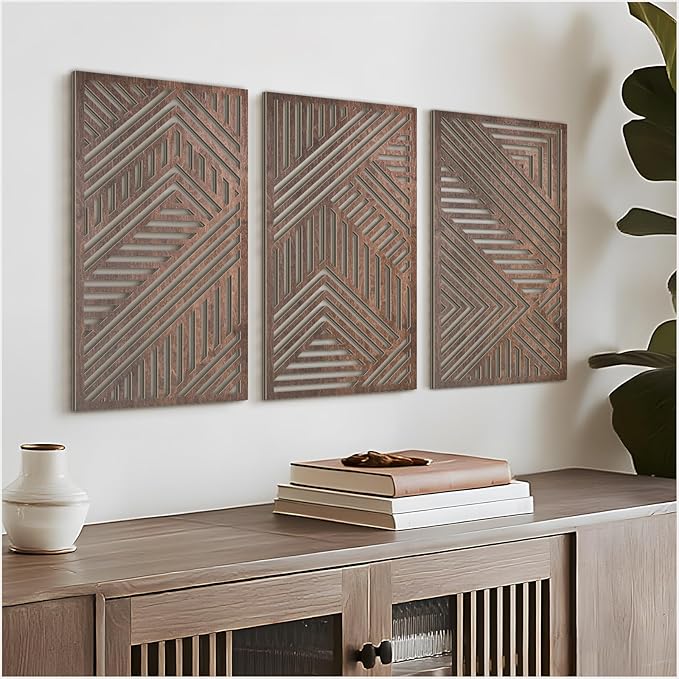 VIYYIEA Boho Solid Wood Carved Wall Art Set of 3, Geometric Minimalist Wooden