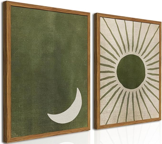 Framed Boho Sun and Moon Canvas Wall Art Set of 2, Vintage Sage Green Bohemian