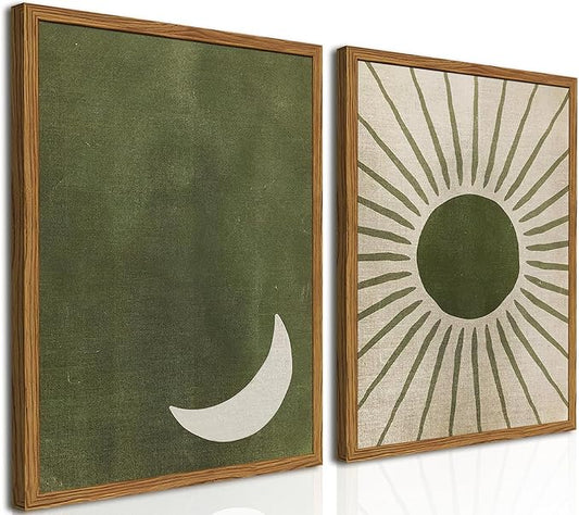 Framed Boho Sun and Moon Canvas Wall Art Set of 2, Vintage Sage Green Bohemian