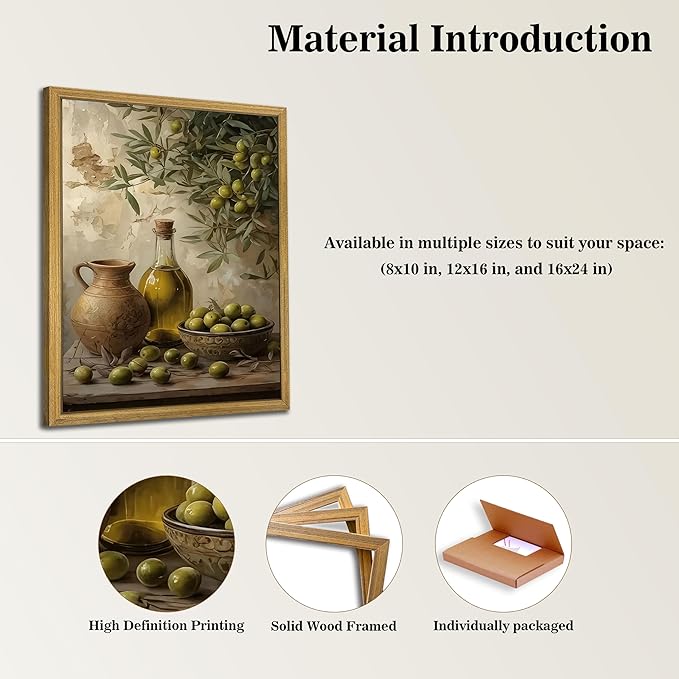 Wood Framed Olive Kitchen Wall Art, Vintage Rustic Still Life Canvas Print