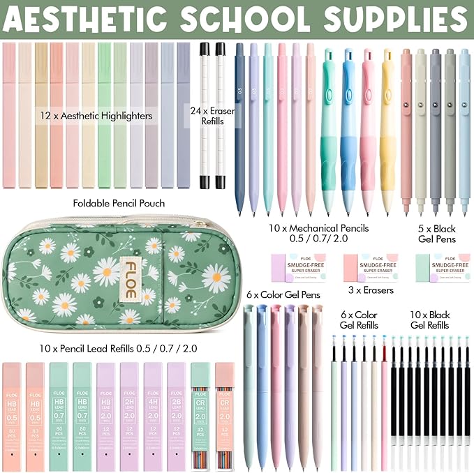 65PCS Aesthetic School Supplies with Cute Pencil Case, Pastel Highlighters Gel Pens Mechanical Pencils Set 0.5 0.7 & 2.0mm, Office Back to School Supplies College Essentials Kit Student Stationary Set