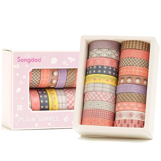 Songdao 20 Rolls Basic Washi Tape Set Japanese Arts Adhesive Tapes Simple Patterns Decorative Masking Tape Sets for Craft, Kids, Scrapbook, DIY, Gift Wrapping (Style Six)