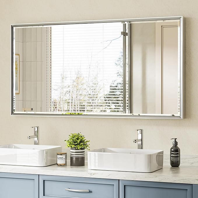48x24 Beveled Silver Bathroom Vanity Mirror, Shatterproof Large Rectangle Metal