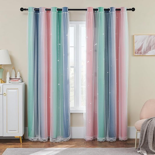 XiDi Curtains for Bedroom Decor, Rainbow Pinkgreen grey52/96