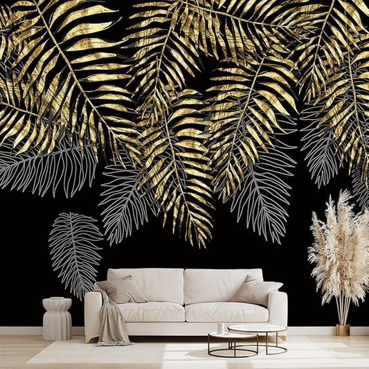 Black and Gold Leaf Mural Bedroom Tropical Botanical Wallpaper Room Plant Decor