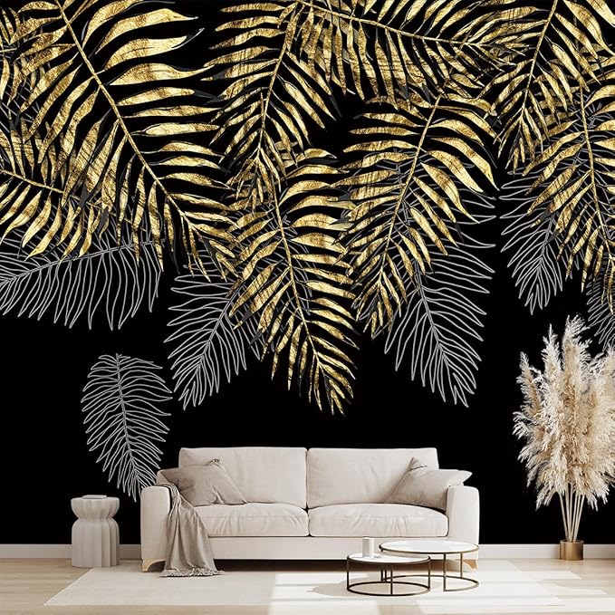 Black and Gold Leaf Mural Bedroom Tropical Botanical Wallpaper Room Plant Decor