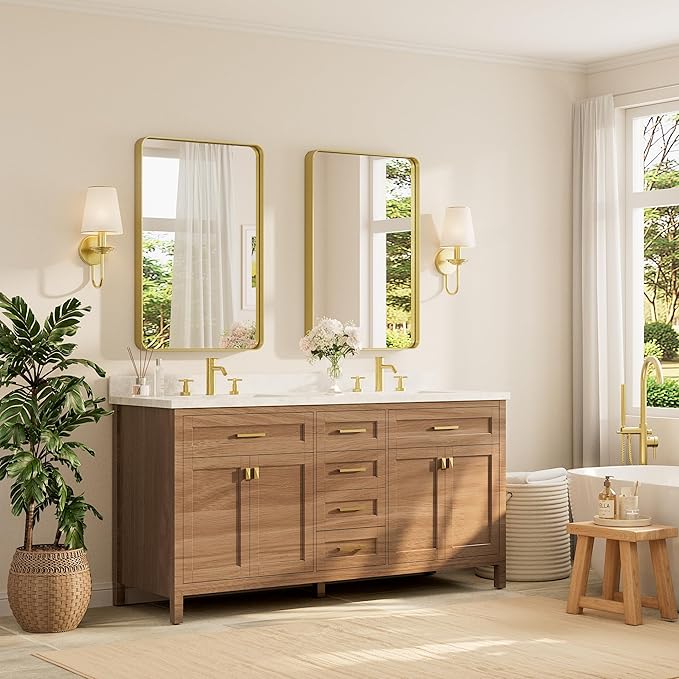 TETOTE Brushed Gold Bathroom Mirror, 24 x 36 Inch Metal Framed Mirror, Brushed