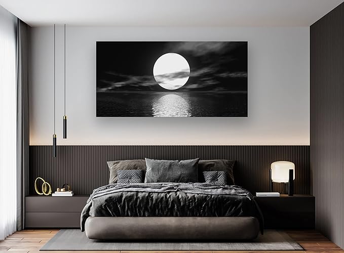 Cao Gen Decor Art S06475 Wall Art Canvas Sea White Full Moon in Night Picture