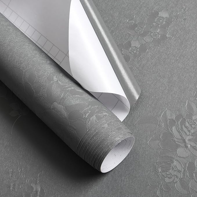 Erfoni 197"x17.7" Gray Peel and Stick Wallpaper Thicken Flower Embossed