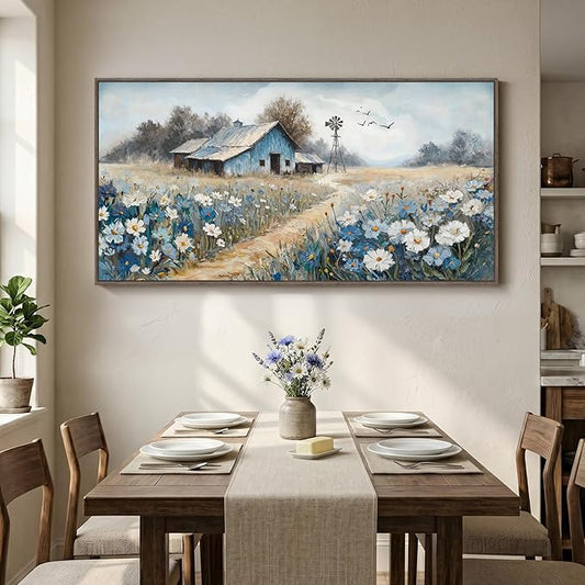 Large Framed Farmhouse Canvas Wall Art for Living Room, Blue Vintage Rustic Barn Horizontal Canvas Prints, Country Floral Wall Decor for Bedroom Dining Room Hallway 30x60 Inch