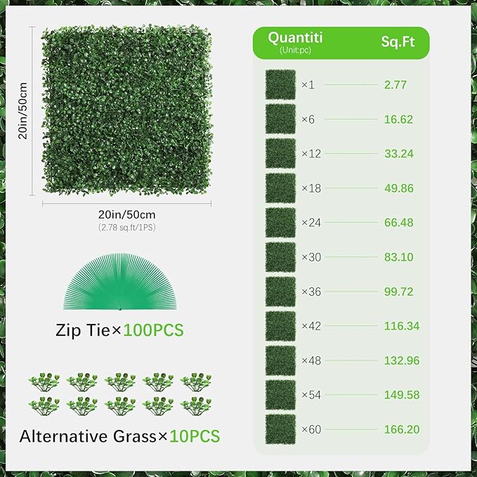 Luyue 6PCS 20”×20” Boxwood Panels, Artificial Grass Wall Panels Fake Greenery