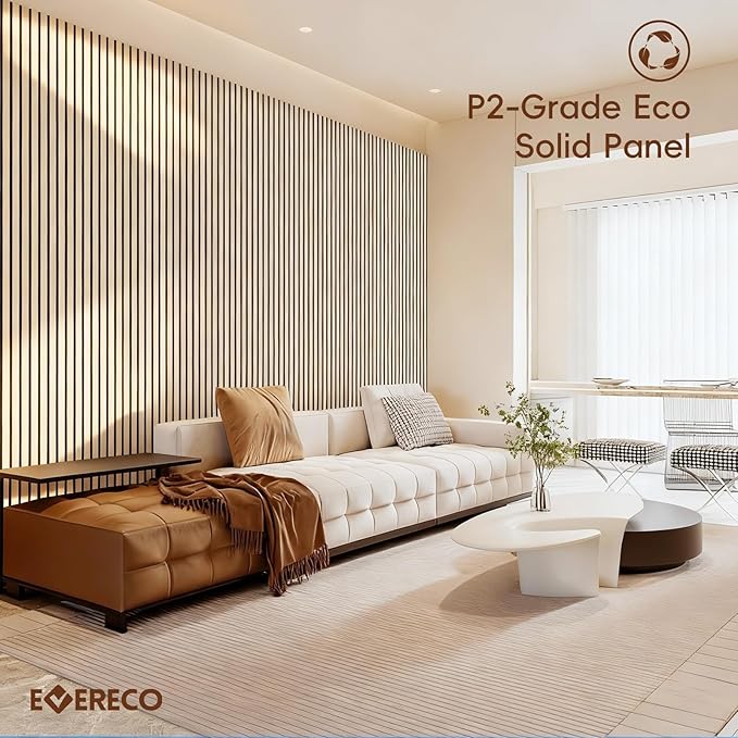 EVERECO 6 Pack Wood Slat Acoustic Wall Panels 92.5" × 7.87", 3D Sound Absorbing