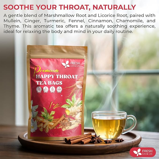 Premium Happy Throat Herbal Tea – 75 Bags Of Supper Tea Blend: Marshmallow Root, Slippery Elm & Ginger – Dry & Sore Throat Relief – Caffeine-Free, No Honey, No Citrus – No Sugar