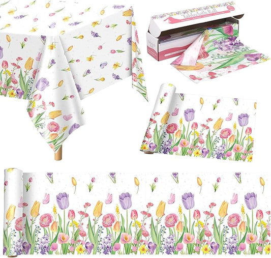 Kochorie 100 Ft x 54 Inch Spring Flower Tulip Tablecloth Roll Plastic Floral