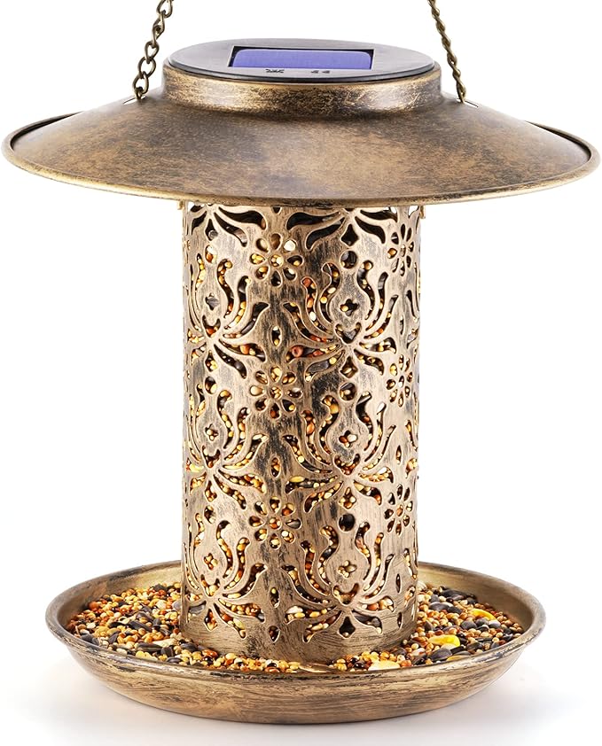 SWEETFULL Solar Bird Feeder for Outdoors Hanging, Metal Wild Bird Feeder for Cardinals Solar Garden Lantern with S Hook as Gift Ideas for Bird Lovers (2LBs Heavy Duty Weather Resistance birdfeeders)