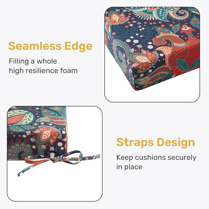 UNIKOME Outdoor Chair Cushions Pack of 4, Water Resistant Patio Cushions with Ties, High Density Sponge Filling Square Corner Seat Cushions for Outdoor Furniture, 24"*24"*4", Boho
