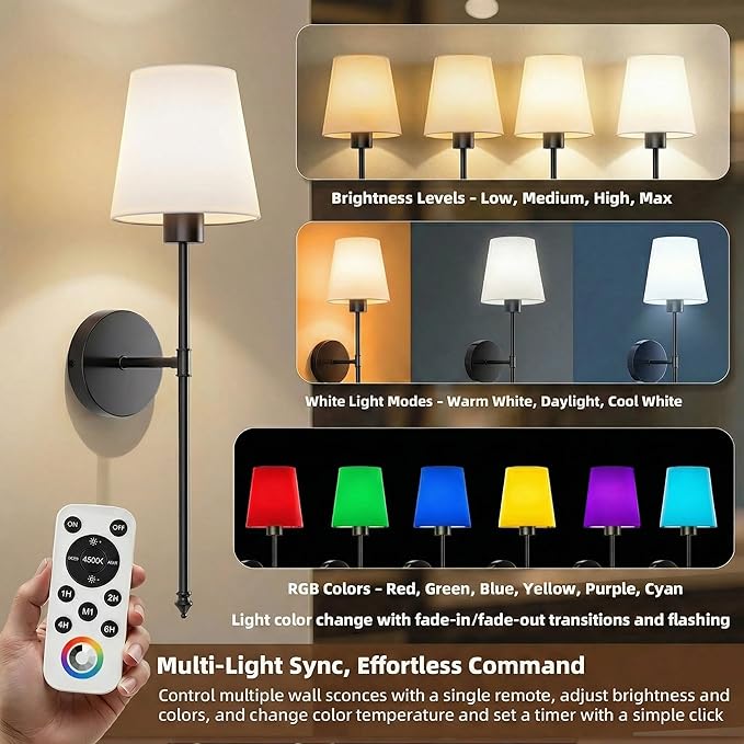 IRONPAX Wall Sconces Battery Operated Set of 2, Wireless Rechargeable Wall