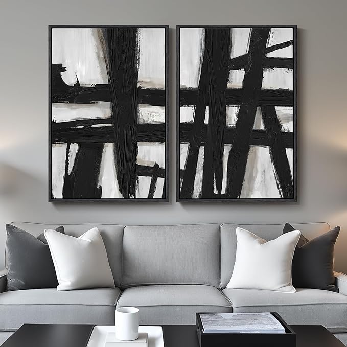 Large Framed Black and White Abstract Wall Art