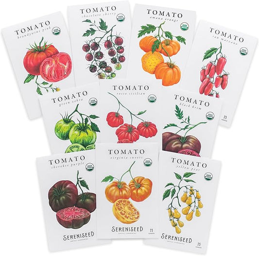 Sereniseed Certified Organic Tomato Seeds (10-Pack) â Non GMO, Open Pollinated â Cherokee Purple, Chocolate Cherry, Green Zebra, Brandywine Pink, Black Krim and More - Tomato Seeds for Planting