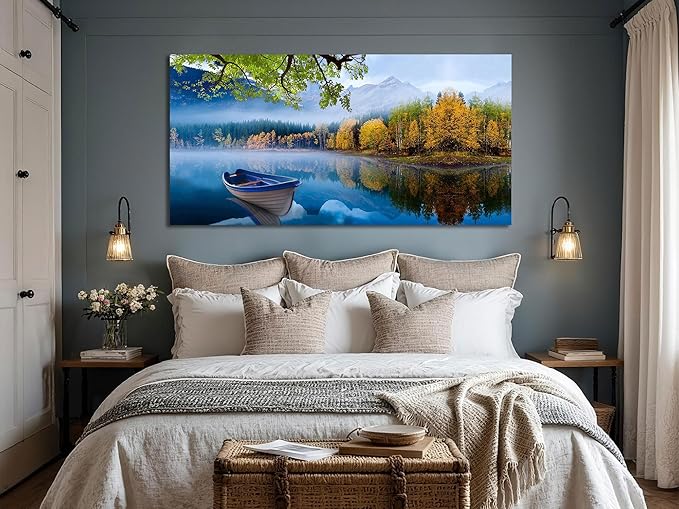 Arjun Landscape Wall Art for Living Room Lake Canvas Blue Picture Bedroom, Summer Nature Boat Artwork Modern Nature Painting Framed Large Home Office Dining Room Wall Decor, Extra Large 58"x29"