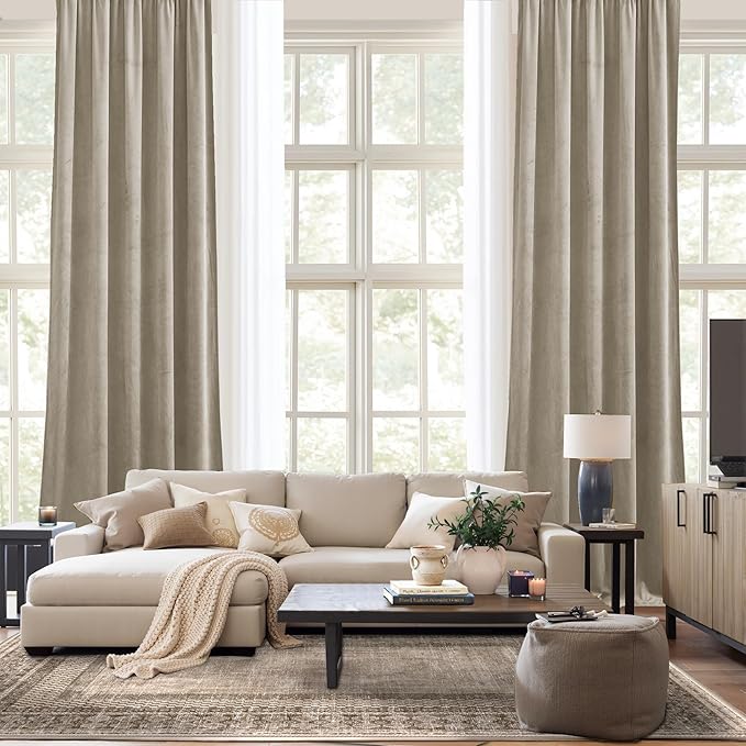 NICETOWN Living Room Camel Velvet Curtains 12 ft Length, Sound and Sunlight