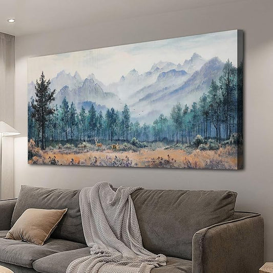 Anolyfi Foggy Forest Mountain Canvas Wall Art, Nature Tree Landscape Painting