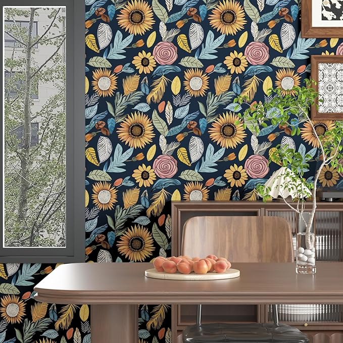 Blue Boho Wallpaper Peel and Stick, Vintage Floral Contact Paper 17.5" x 118"