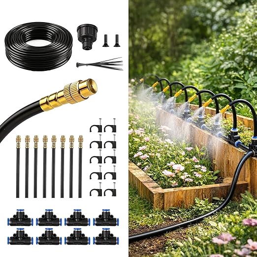 Drip Irrigation Kit for Garden 30FT, 360Â° Adjustable Watering System with 1/4" Tubing, Brass Misting Nozzles, DIY Micro Irrigation System for Potted Plants, Patio, Greenhouse