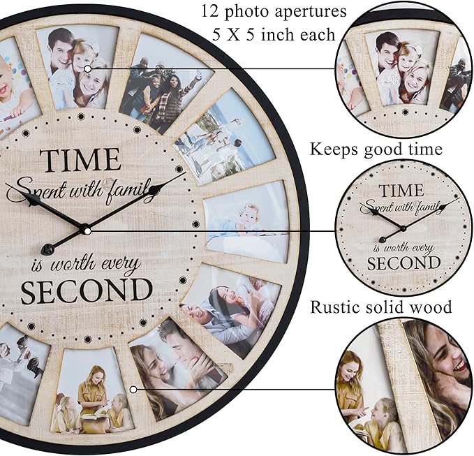 12 Photo Collage Rustic Wood Farmhouse Wall Clock, Large Family Picture Wall