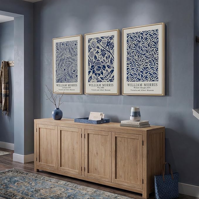 Framed William Morris Wall Art Set of 3, Large Vintage Blue Botanical Floral