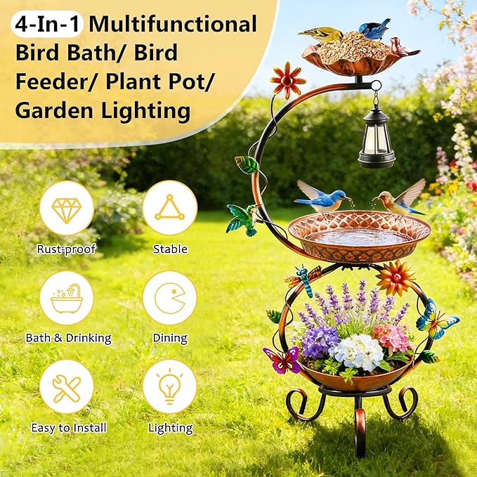 Metal Bird Bath for Outside, 3 in 1 Large Bird Birdbaths for Outdoors with Solar Lamp & Flower Planter Pedestal, Vintage Freestanding Bird Feeder Water Bowl for Garden Yard Lawn Decor, Bronze