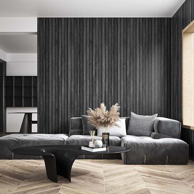 VEELIKE Charcoal Black Wooden Slat Wallpaper Peel and Stick Waterproof Dark