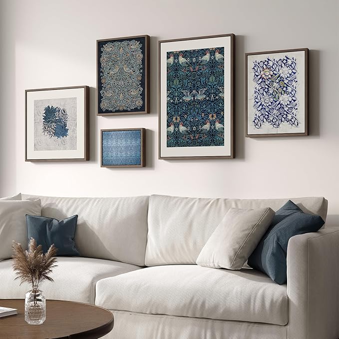 Framed William Morris Wall Art for Living Room, 5 Piece Large Vintage Blue