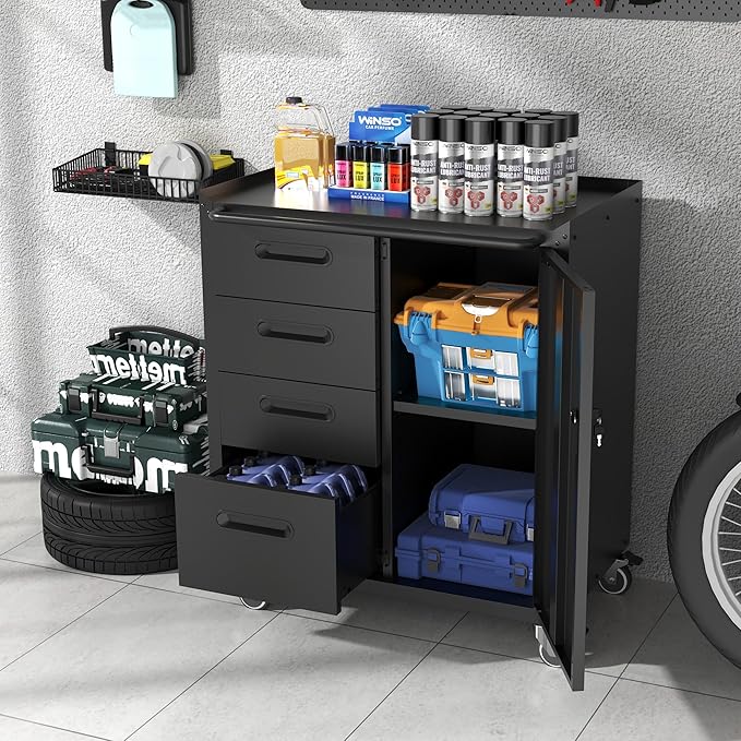 Metal Storage Cabinet with Wheels, Garage Storage Cabinet with 1 Door and 4