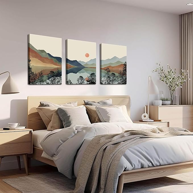 AKWISH Framed Mountain Canvas Wall Art Set of 3, Boho Watercolor Poster Prints