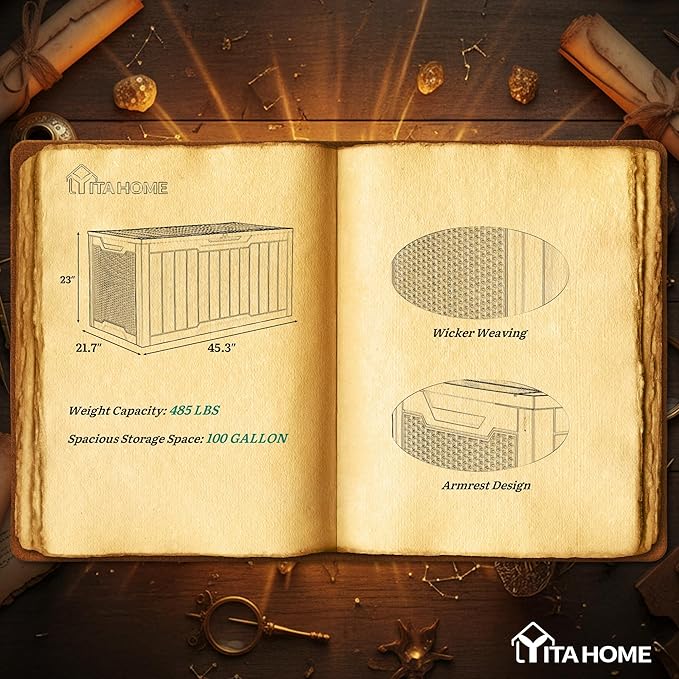 YITAHOME 100 Gallon Large Outdoor Deck Box, Waterproof Resin Storage Box, Lockable Indoor Outdoor Storage Container for Patio Furniture Cushions, Pool Accessories, Garden Tools, Dark Gray