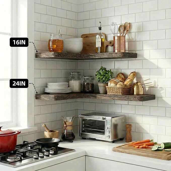 16 Inch Solid Wood Floating Corner Shelves 3 Pack