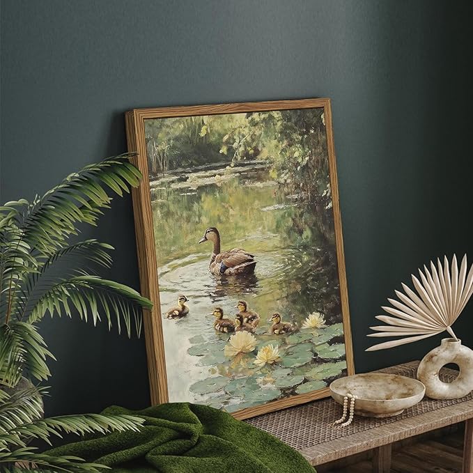 Framed Vintage Duck Canvas Wall Art, Rustic Farmhouse Animal Family Pictures