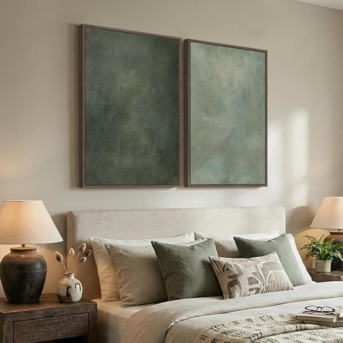 Large Framed Green Abstract Wall Art, 2 Piece Modern Canvas Art Prints Paintings