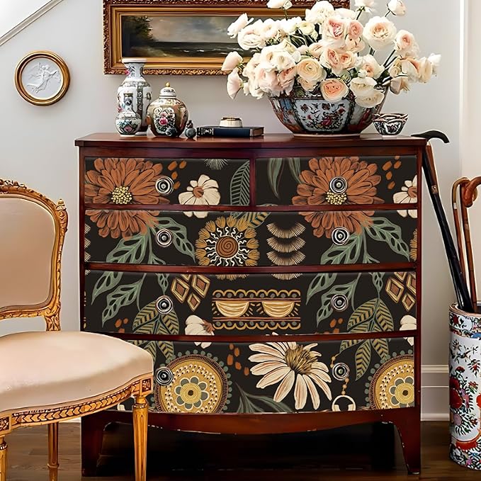 JiffDiff Boho Peel and Stick Wallpaper Vintage Floral Wall Paper Removable Sun