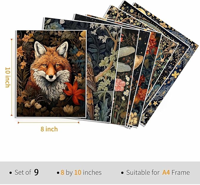 Morris Wall Paintings Poster Set of 9, Vintage Rabbit Fox Starry Sky Bee