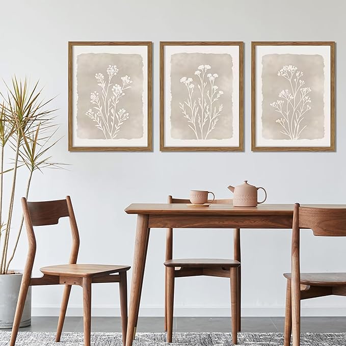 Framed Boho Botanical Flower Wall Art Set of 3, Vintage Minimalist Neutral