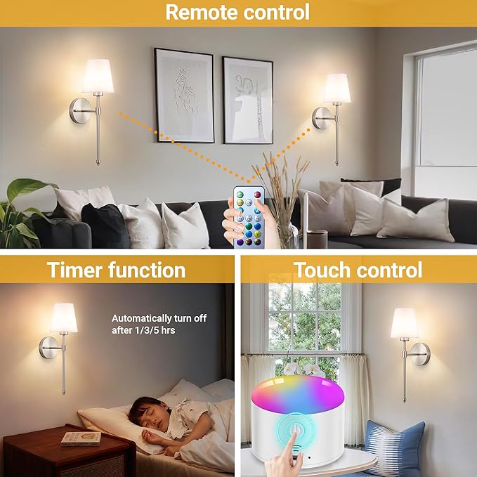 YHCDLAMP Battery Operated Wall Sconce Set of 2, Rechargeable Wall Sconce