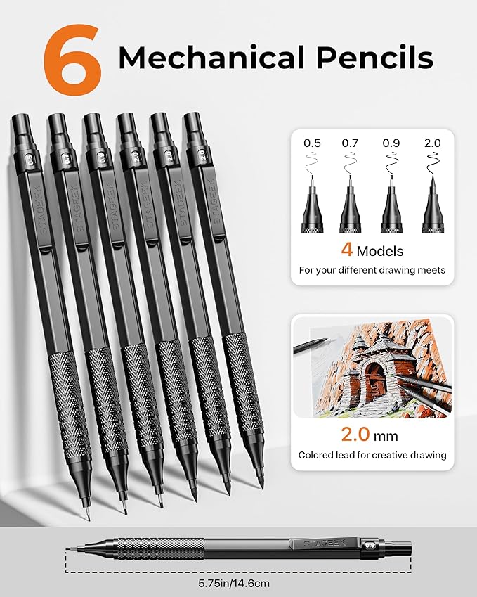 30PCS Black Metal Mechanical Pencil Set in Leather Case, 0.5/0.7/0.9/2.0mm Art Drafting Pencils with 16 Tubes Graphite Leads (6B 4B 2B HB 2H 4H) & Colored Refills for Sketching, Drawing, Writing