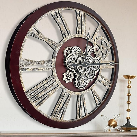 The B-Style Large Real Moving Gears Wall Clock 30 inch Rustic Retro Industrial